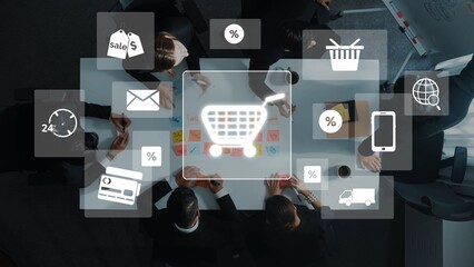 A diverse business team collaborates around a table, utilizing digital icons to enhance their e-commerce strategy, showcasing modern marketing techniques and innovation. Raster