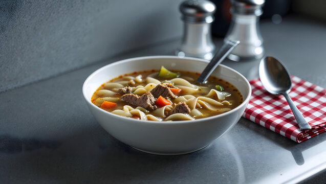 Noodle soup bowl meat vegetables white bowl silver spoon red white checkered napkin salt shaker gray countertop blurred background appetizing warm generative AI