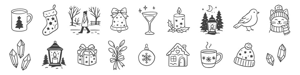 A cozy winter-themed set of hand-drawn icons including mugs, stockings, trees, candles, ornaments, gifts, crystals, a bird, a cat in a hat, and a snowy house.