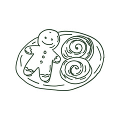 Simple hand-drawn illustration of a gingerbread cookie and two cinnamon rolls on a plate. Cute festive dessert sketch in minimal line art style.