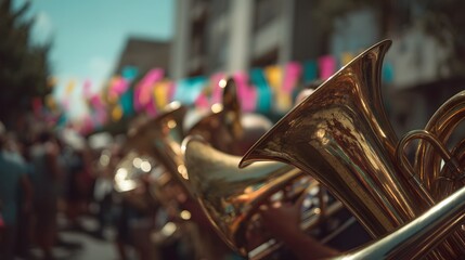 Close-Up of Brass Musical Instruments During Festive Street Parade