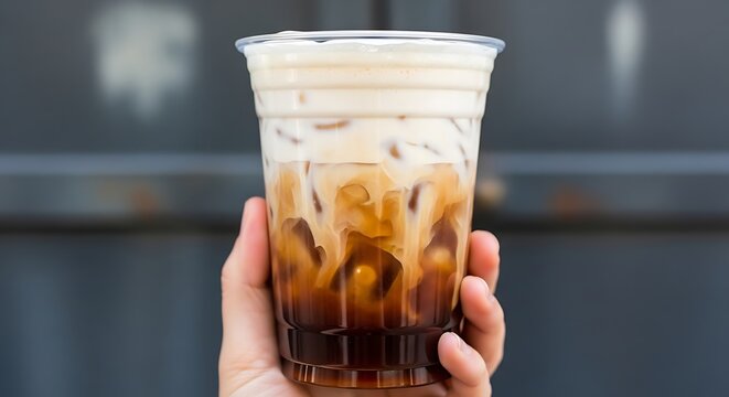 Hand holding a refreshing iced coffee with cream in a clear plastic cup.