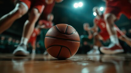 In this dynamic image, a basketball lies prominently on a court, surrounded by players, encapsulating the energy and excitement of the sport, igniting passion for teamwork and competition.