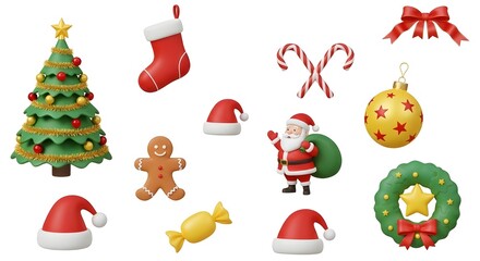 Christmas 3D Icons Set Santa Claus Christmas Tree Candy Cane Wreath Gingerbread Ornament PNG Pack