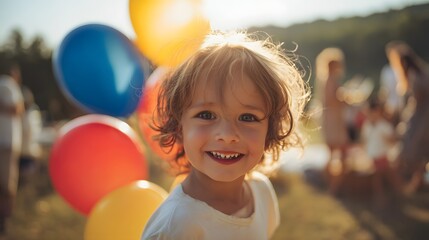 Joyful Child Smiling with Colorful Balloons at an Outdoor Summer Festival