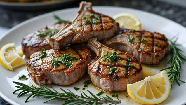 Grilled pork chops golden brown white plate fresh herbs lemon wedges rosemary sprig kitchen countertop blurred background appetizing close up generative AI