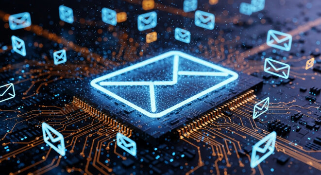 A glowing blue neon email envelope icon on futuristic digital circuit board, data pathway lines - marketing, future communication, technology, network, information flow, cyber security concept