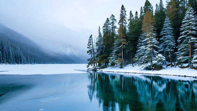 Cold Serenity: Winter Lake Mirroring Snowy Forest, Peaks & Lone Tree
