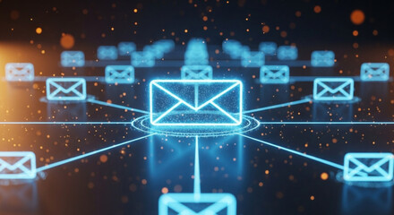 A glowing blue neon email envelope icon on futuristic digital circuit board, data pathway lines - marketing, future communication, technology, network, information flow, cyber security concept