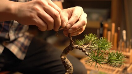 Skilled artisan meticulously shaping bonsai tree branches with precision tools, showcasing the intricate art of bonsai cultivation and care in a serene workshop environment