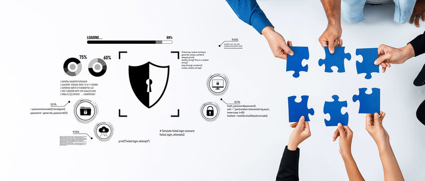 Hands are aligning blue puzzle pieces beside a security shield graphic, symbolizing teamwork and strategy in digital protection efforts, showcasing collaboration in innovation. Trope