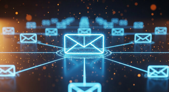A glowing blue neon email envelope icon on futuristic digital circuit board, data pathway lines - marketing, future communication, technology, network, information flow, cyber security concept