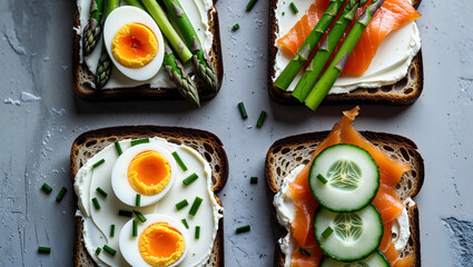 Toast bread dark brown toasted cream cheese eggs asparagus smoked salmon cucumber chives slices healthy breakfast grey background close up fresh generative AI