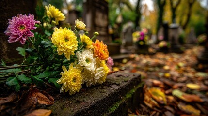 Colorful Chrysanthemums on a Mossy Gravestone in an Autumn Cemetery