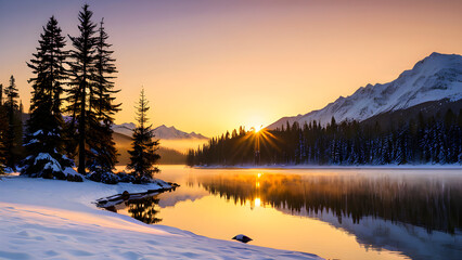 Golden Hour Glow on Serene Winter Mountain Lake, Snowy Peaks Reflection