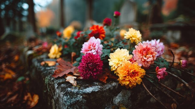 Bright Autumn Chrysanthemums on an Aged Gravestone in Misty Cemetery