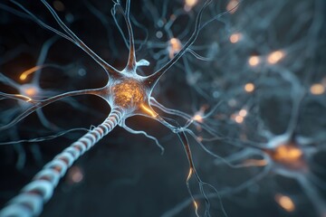 Close-up view of a neuron with glowing synapses, showcasing intricate dendrites and axon structure, representing the complexity of neural connections in the human brain