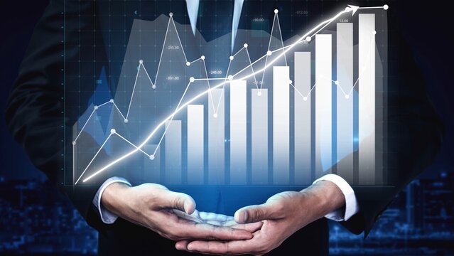 A businessman presenting a digital graph that indicates growth and success in a modern financial landscape, showcasing analysis and strategic insights. Copula