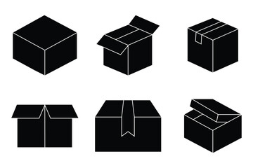 Set of silhouette box icon. Open and closed box parcel collection icon. Delivery boxes, export, cargo distribution, package and more. Product package cardboard shipping parcel box icon set. Vector 