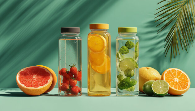 Refreshing fruit infused water drinks with citrus fruits and palm leaves - Powered by Adobe