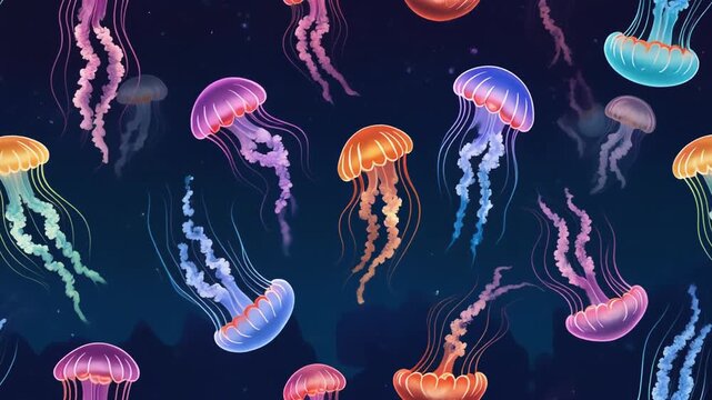 Seamless animation colorful jellyfish in deep sea underwater background pattern in fantasy marine concept.