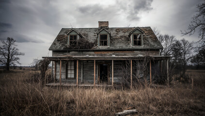 Obraz premium Abandoned house with overgrown vegetation under a dramatic sky