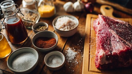 Raw beef steak on wooden board surrounded by various herbs, spices, and condiments, ready for gourmet meal preparation.