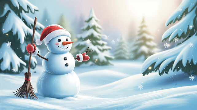 Joyful snowman in a snowy winter forest with santa hat