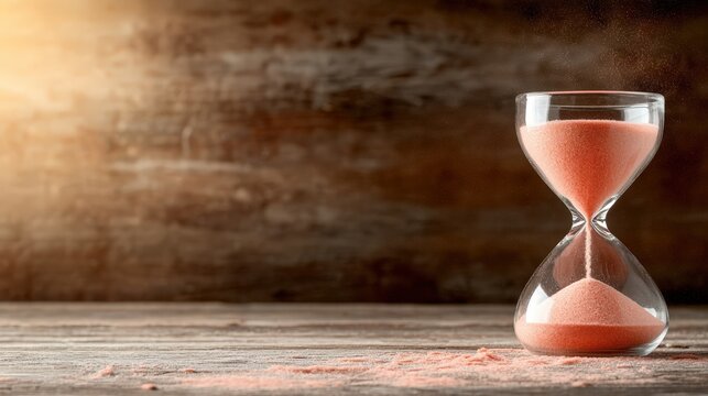 An artistic representation of time, this hourglass filled with pink sand elegantly illustrates the continuous flow of moments and the inevitability of time passing in our lives.