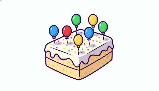 Festive party dessert icon showing a celebratory sheet cake with sweet frosting, colorful sprinkles, and vibrant balloon toppers, isolated on a white background