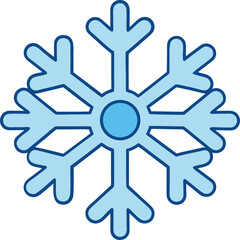A stylized glowing blue snowflake icon with a central circle set against a stark black background representing winter and cold