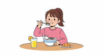Young girl happily eating a healthy breakfast meal with a refreshing drink.