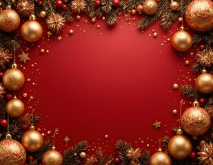 Christmas tree decorations with golden balls on a green pine branch background for a winter holiday celebration