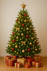Christmas tree decorated with ornaments, stars, and colorful gifts or presents below for a merry new year celebration