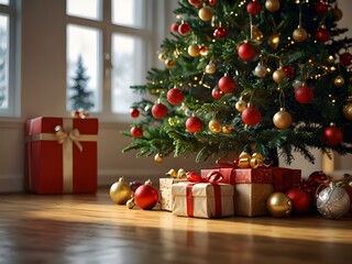 Festive Christmas tree with red and gold ornaments, green pine branches, and colorful holiday gifts and presents underneath for a winter celebration