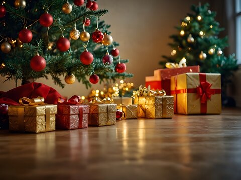 Festive Christmas tree decorated with ornaments, ribbons, and presents in colorful boxes below