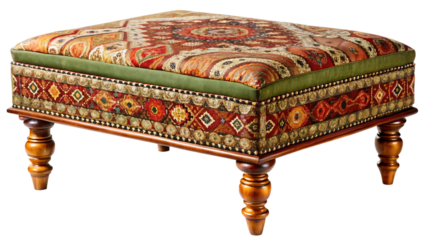 An ornate footstool with a colorful, patterned fabric top and sides, trimmed with green fabric and decorative studs, resting on turned wooden legs, isolated on transparent background