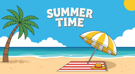 Vector flat illustration of a sunny tropical beach background with palm tree, yellow umbrella, striped towel and hat on sand near blue ocean waves under cloudy sky with summer time typography