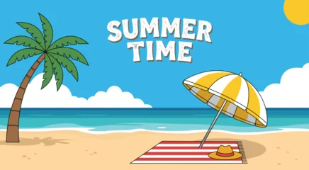 Selbstklebende Fototapeten Blau Vector flat illustration of a sunny tropical beach background with palm tree, yellow umbrella, striped towel and hat on sand near blue ocean waves under cloudy sky with summer time typography  © Abelorz