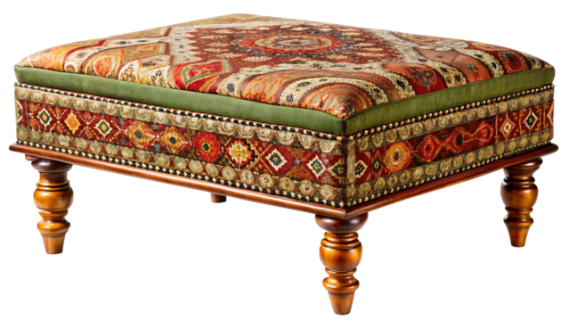 An ornate footstool with a colorful, patterned fabric top and sides, trimmed with green fabric and decorative studs, resting on turned wooden legs, isolated on transparent background