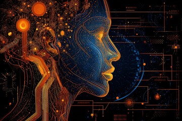 Futuristic digital illustration of a human profile with intricate circuitry and glowing elements, symbolizing the intersection of technology and human intelligence in a vibrant abstract design