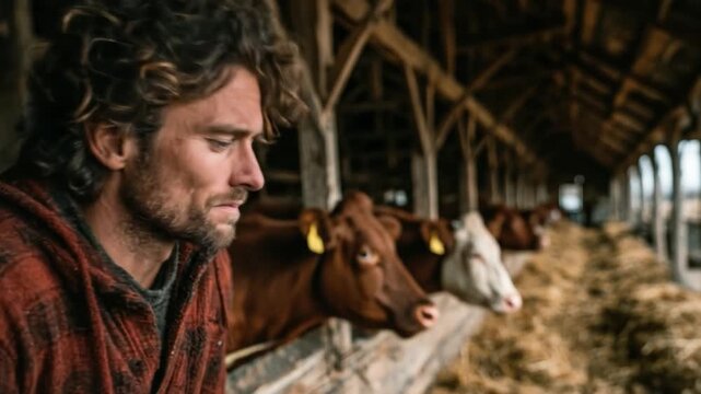 Farmer and cows inside a wooden barn looking at livestock during daytime