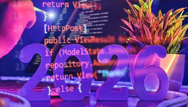 2026 tech trends with coding and neon style