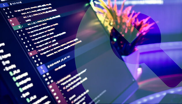 Futuristic AI Coding Environment with Python Script on Screen and Blurred Neon Office Background – Abstract Technology and Programming Conceptual Image - Powered by Adobe