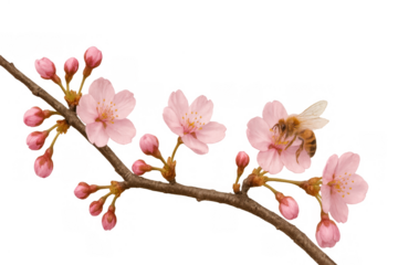 Honeybee pollinating pink cherry blossom flowers and buds on a branch, springtime nature awakening on transparent background