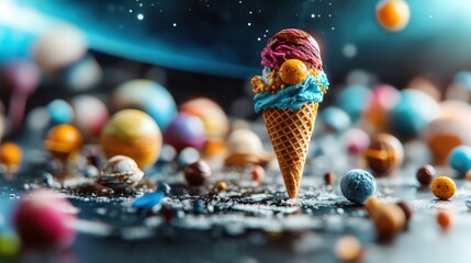 A whimsical, otherworldly ice cream cone sits amid a galaxy of cosmic elements, merging fun with fantasy, ideal for creative marketing and themed food presentations in culinary art.