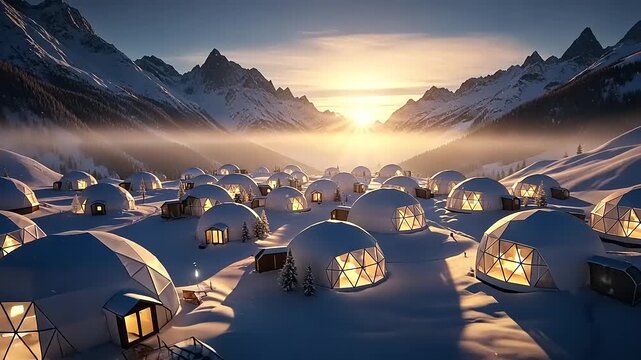 Magical Igloo Dome Village in a Snowy Mountain Valley at Sunrise.