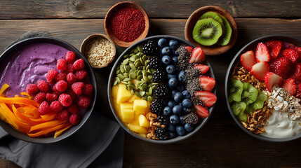 Vibrant healthy breakfast bowls filled with fresh fruits and granola on rustic wood