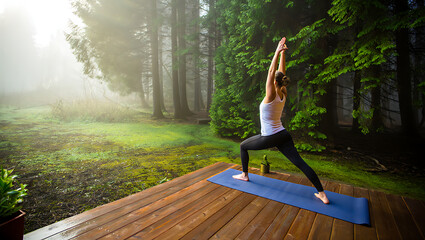 Woman practicing yoga warrior pose on a wooden platform in a misty forest with lush green trees and sunlight filtering through Buy Nothing Day
