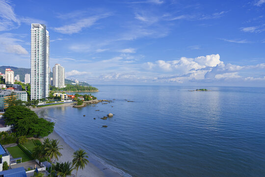 Penang skyline and beach on the Malacca Straits, Penang, Malaysia